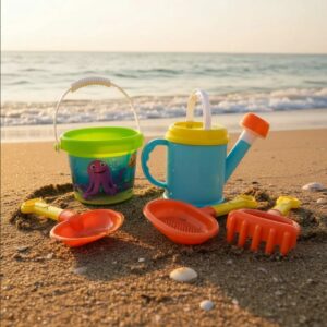 Balde mediano con palita, rastrillo y regadera