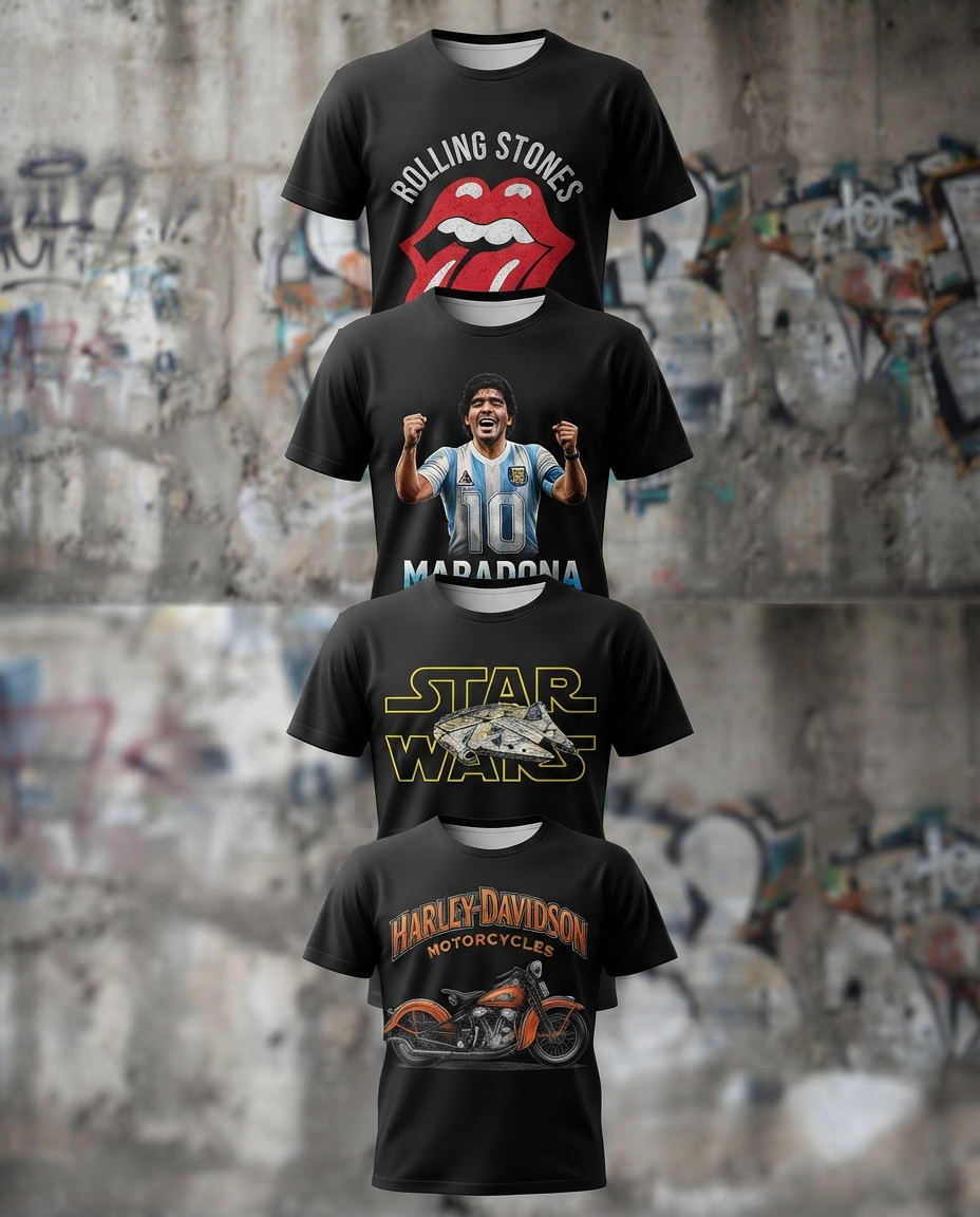 Remeras estampadas (Rolling Stones / Maradona / Star Wars / Harley-Davidson)