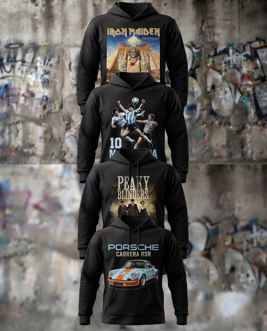 Buzos con capucha estampados temáticos (Música, Series, Fútbol y Autos)